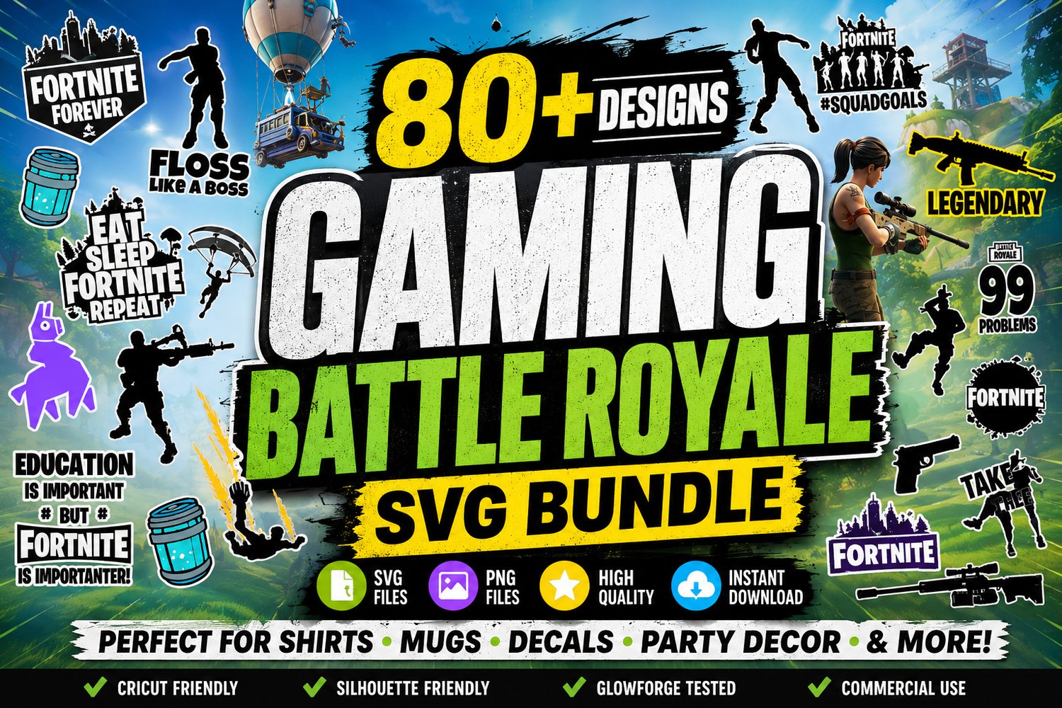 80+ Gaming Battle Royale SVG Bundle with PNG files for Cricut, Silhouette, shirts, mugs, decals, stickers, and gaming party decorations