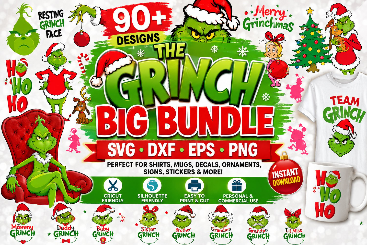 90+ Christmas Grinch SVG Bundle with SVG PNG DXF EPS files for Cricut, Silhouette, holiday shirts, mugs and Christmas crafts