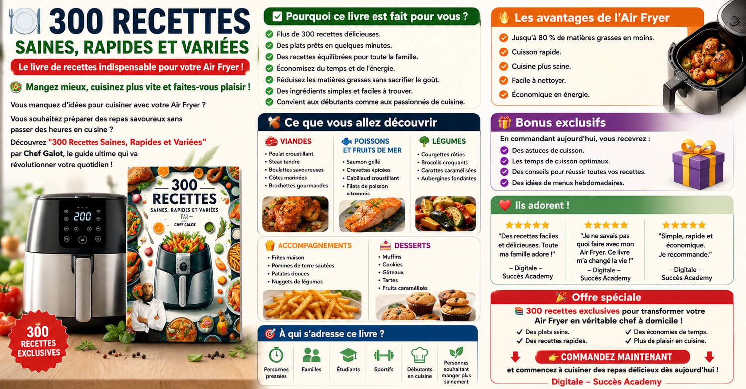 Couverture ebook 300 recettes saines, rapides et variées pour Air Fryer avec plats gourmands, légumes, viandes, desserts et friteuse sans huile.