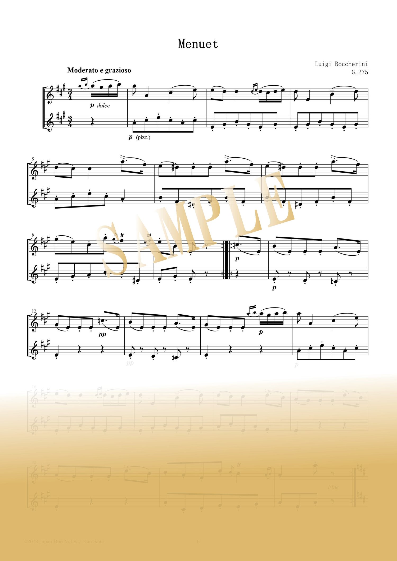 Sample page from Minuet by Luigi Boccherini – flute duet score for two flutes
