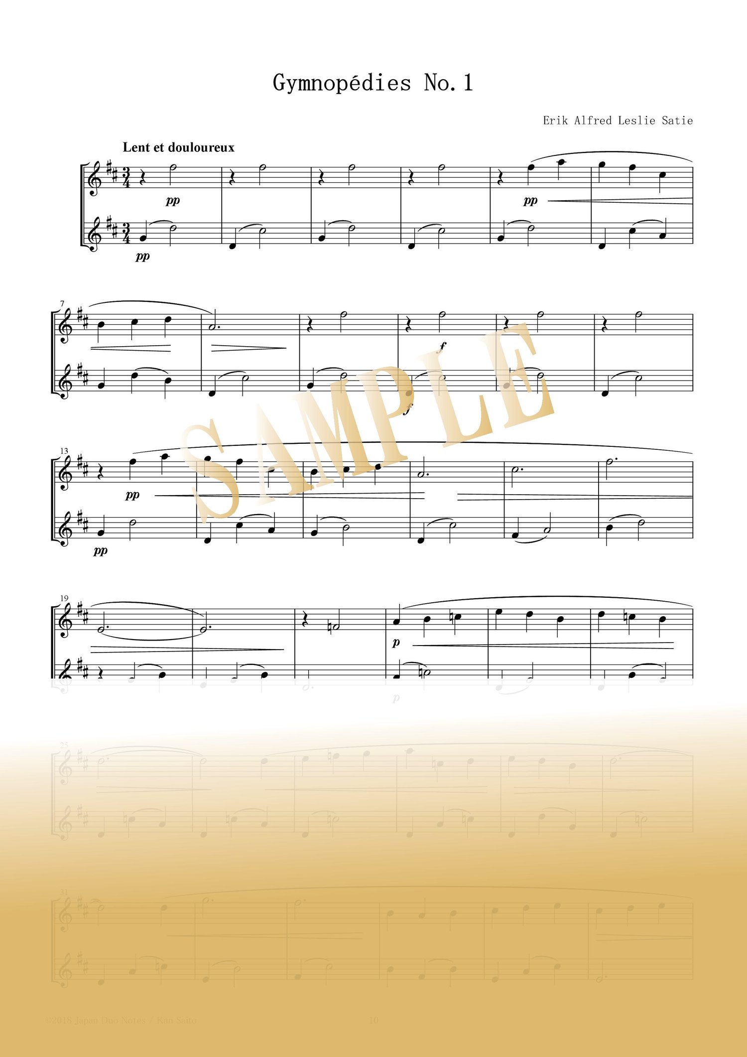 Sample page from Gymnopédie No. 1 by Erik Satie – flute duet score for two flutes