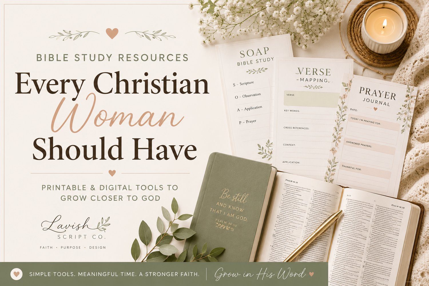 Bible study resources for Christian women featuring printable SOAP study pages, verse mapping worksheets, prayer journals, and Bible study tools.