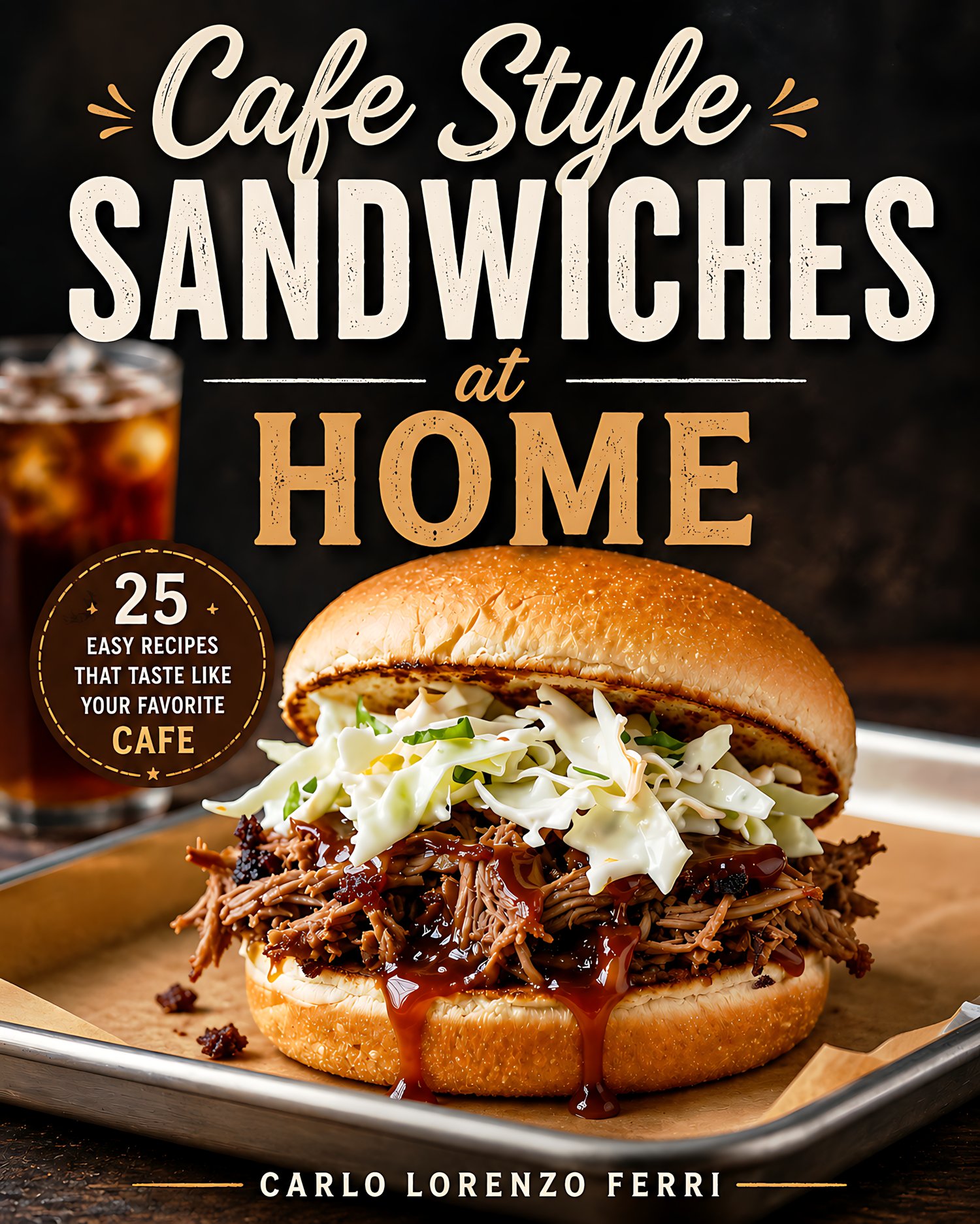 E-book cover titled 'Cafe Style Sandwiches at Home' by Carlo Lorenzo Ferri, featuring a badge for 25 recipes and a close-up image of a gourmet pulled meat sandwich