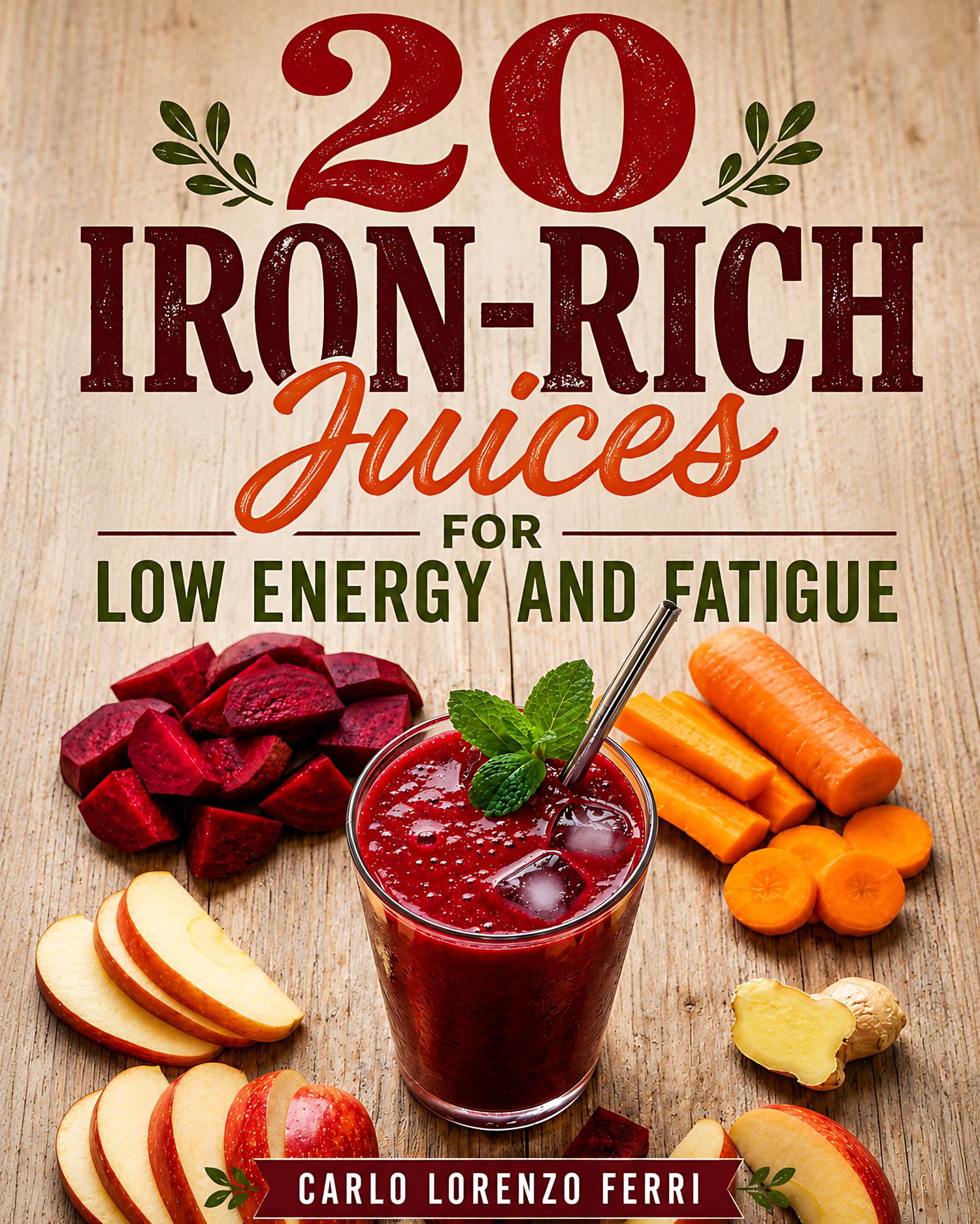20 Iron-Rich Juices for Low Energy and Fatigue cookbook cover by Carlo Lorenzo Ferri