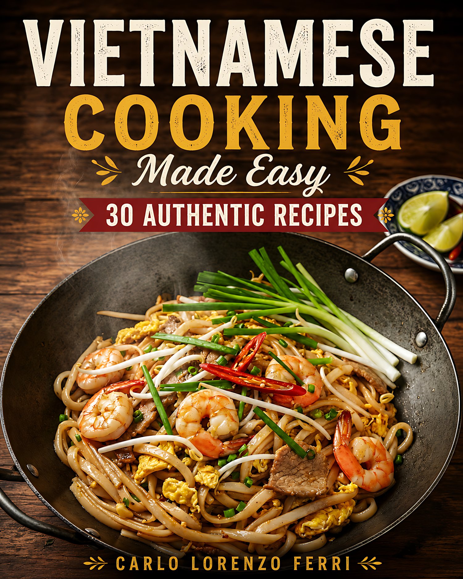 E-book cover titled 'Vietnamese Cooking Made Easy: 30 Authentic Recipes' by Carlo Lorenzo Ferri, featuring a stir-fried noodle dish with shrimp, sprouts, and green onions in a wok.