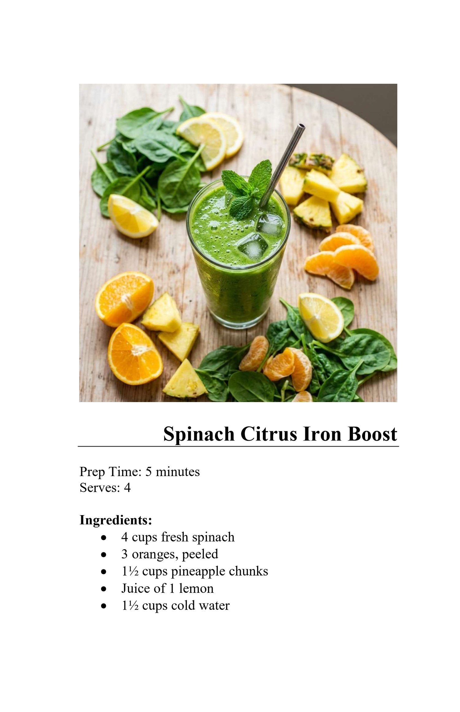 Spinach Citrus Iron Boost recipe card with ingredients list