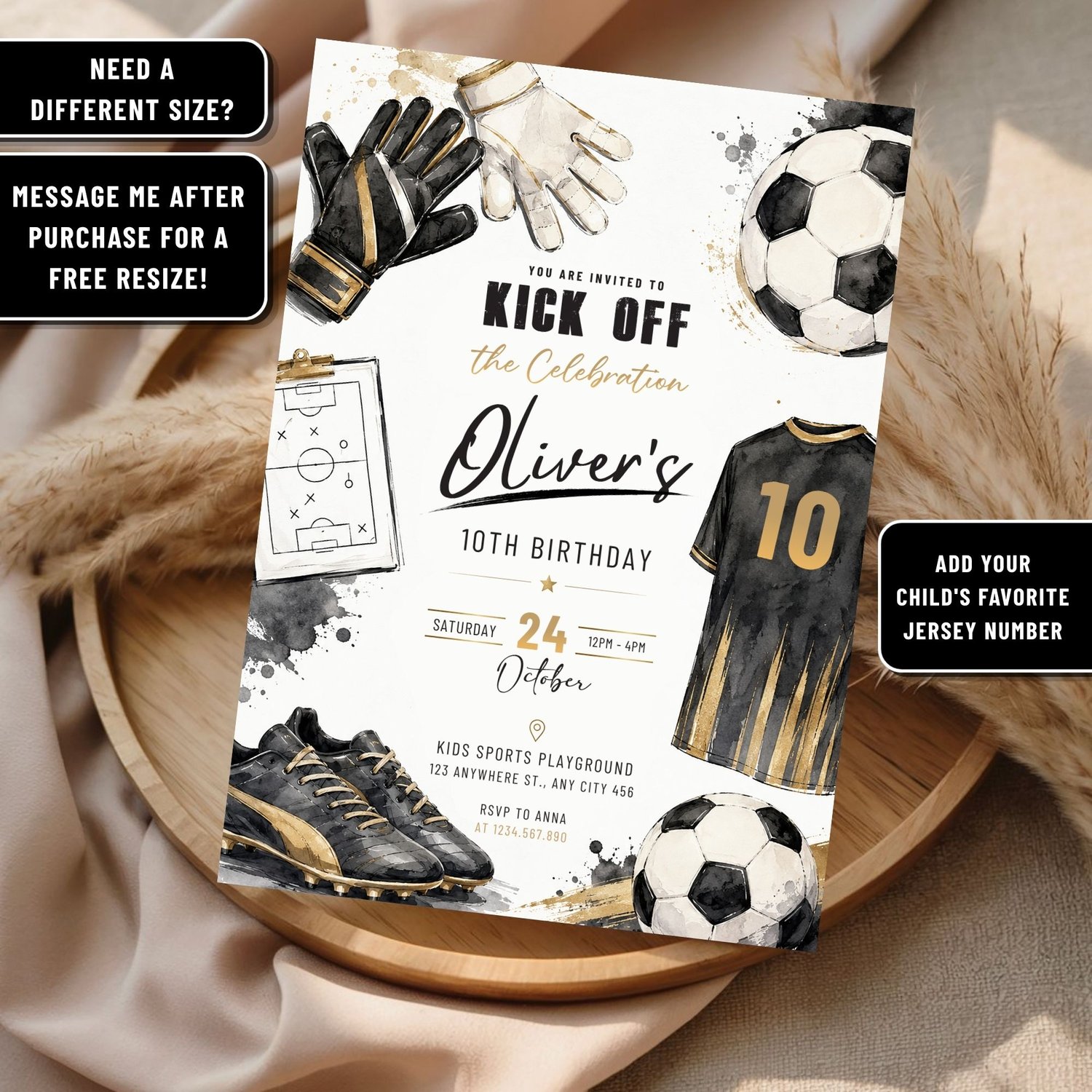 Personalized soccer birthday party invitation template editable in Canva with customizable name, age, date, time, and party details.