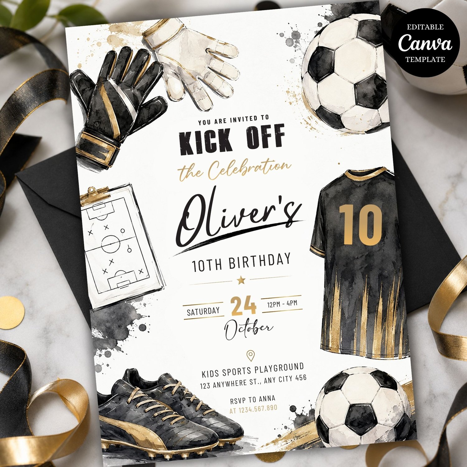 Editable soccer birthday invitation Canva template featuring a football theme design for kids birthday party invitation, printable and instant download.