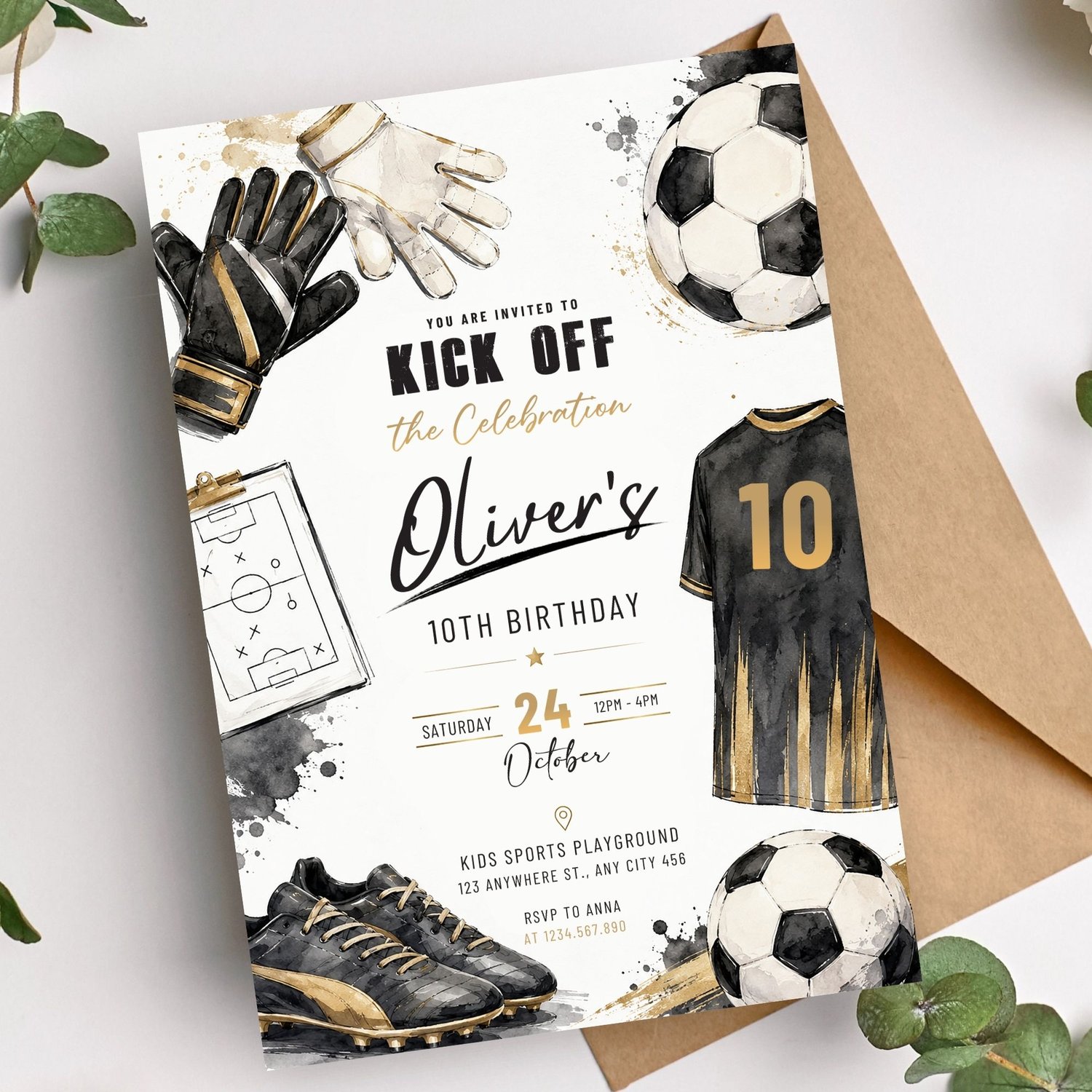 Soccer birthday party invite digital download displayed in a realistic mockup, editable Canva template for boys sports birthday celebration.