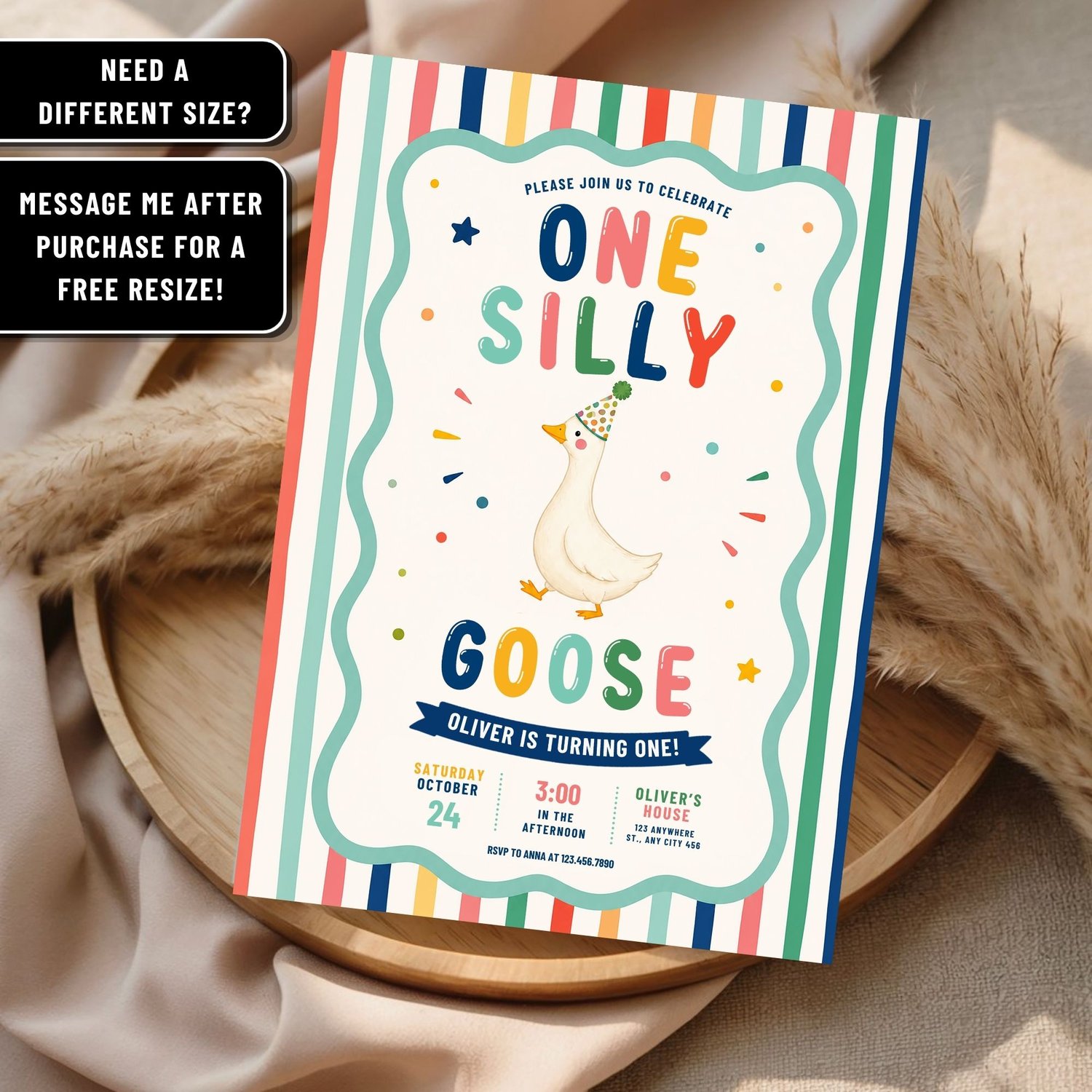 Goose first birthday party invitation template with editable Canva design, printable digital download for a One Silly Goose themed celebration.