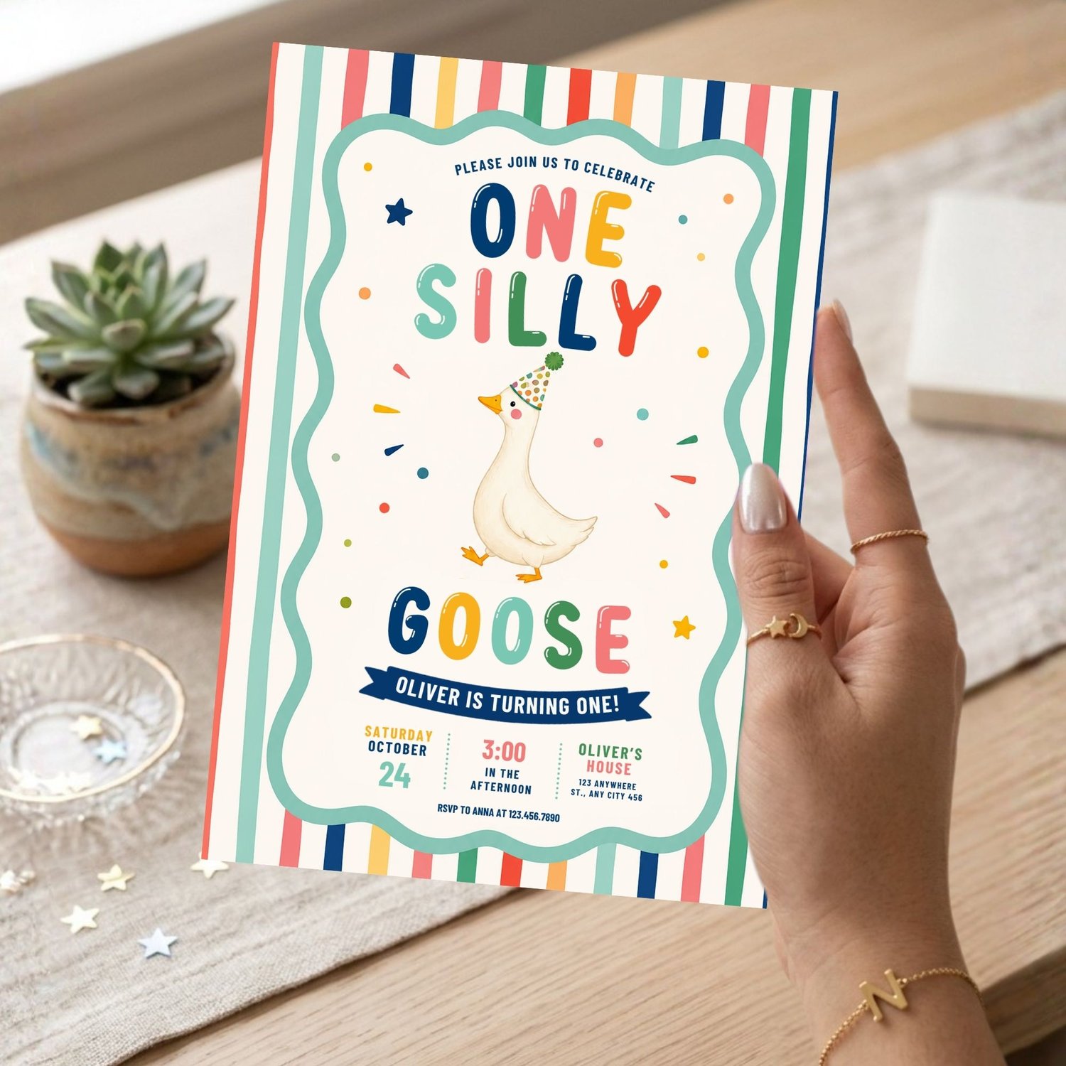 Editable One Silly Goose invitation Canva template with personalized birthday party details, instant digital download.