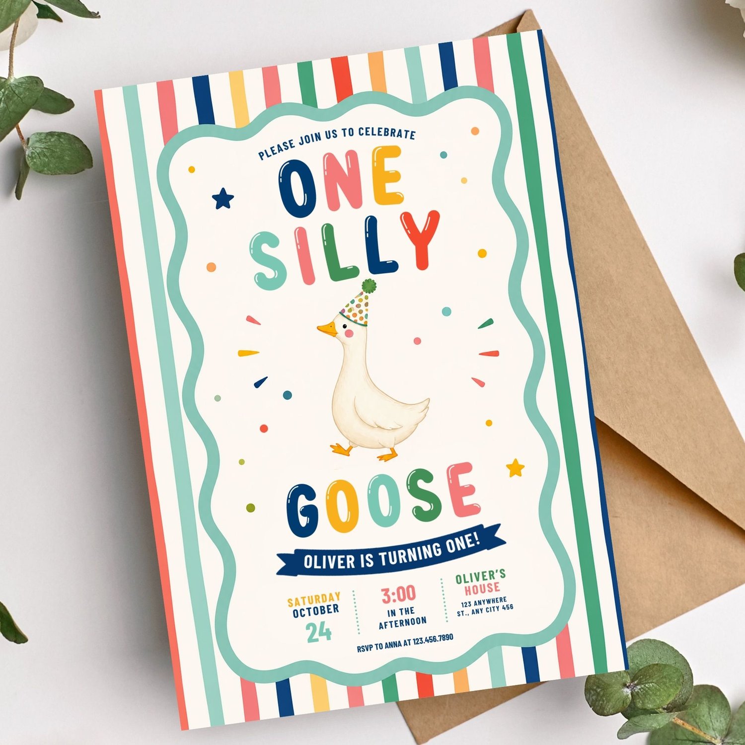 Pink gingham goose birthday invitation printable template for first birthday celebrations, personalized Canva invitation design.
