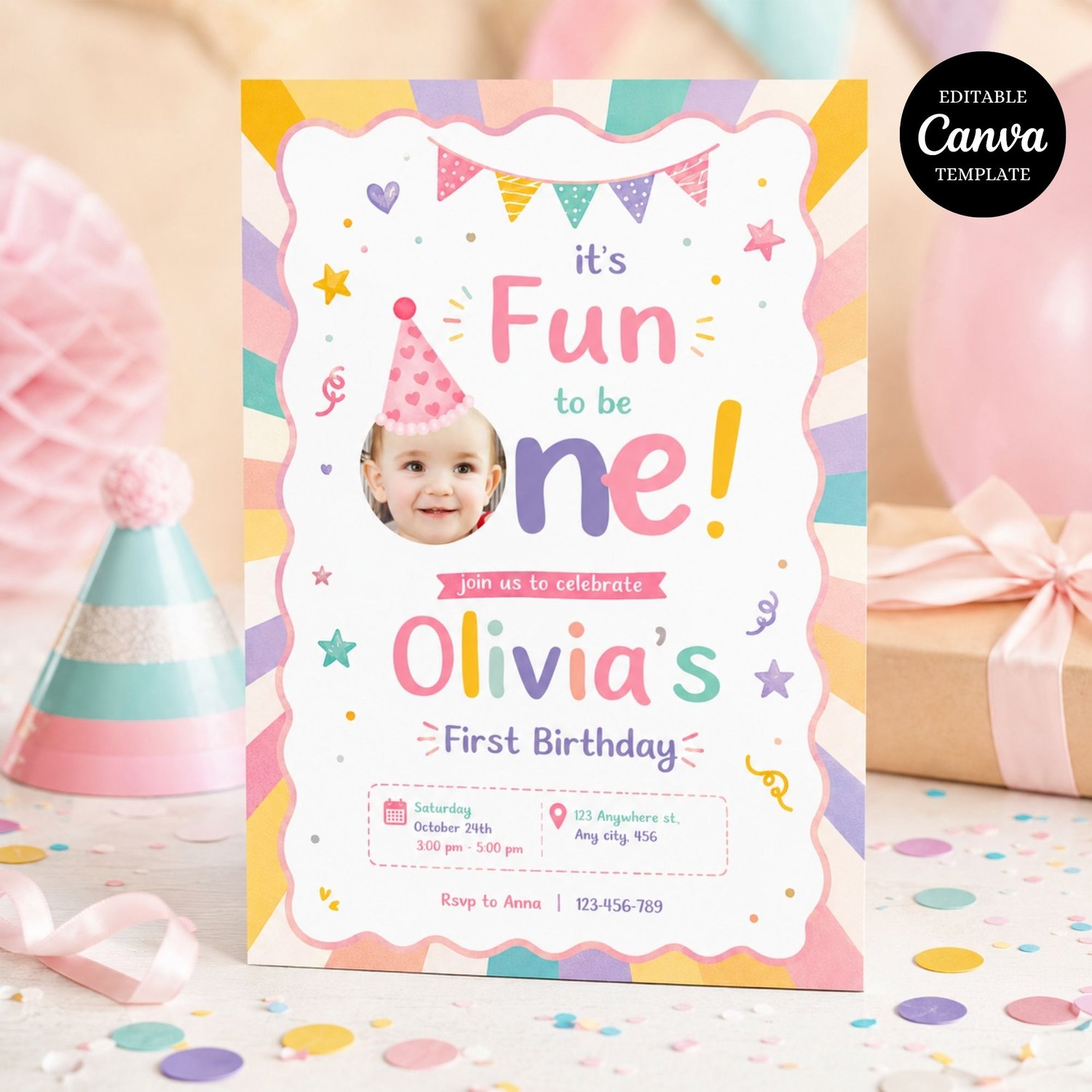 Editable It's Fun to Be One first birthday invitation template for girls, pink summer birthday party invite, Canva editable digital download.