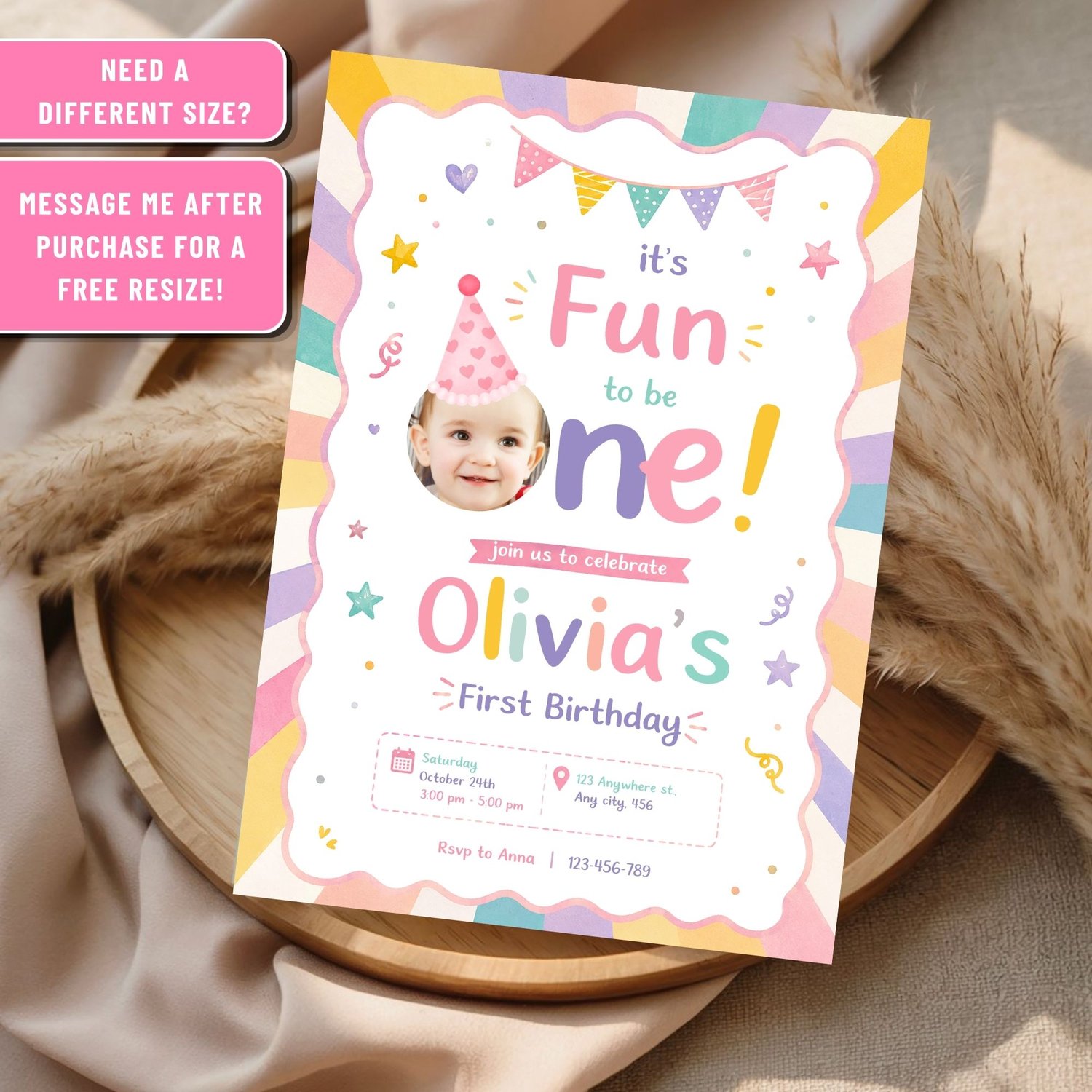 First birthday party invitation template for girls, editable Canva design, personalized birthday invite, printable digital download