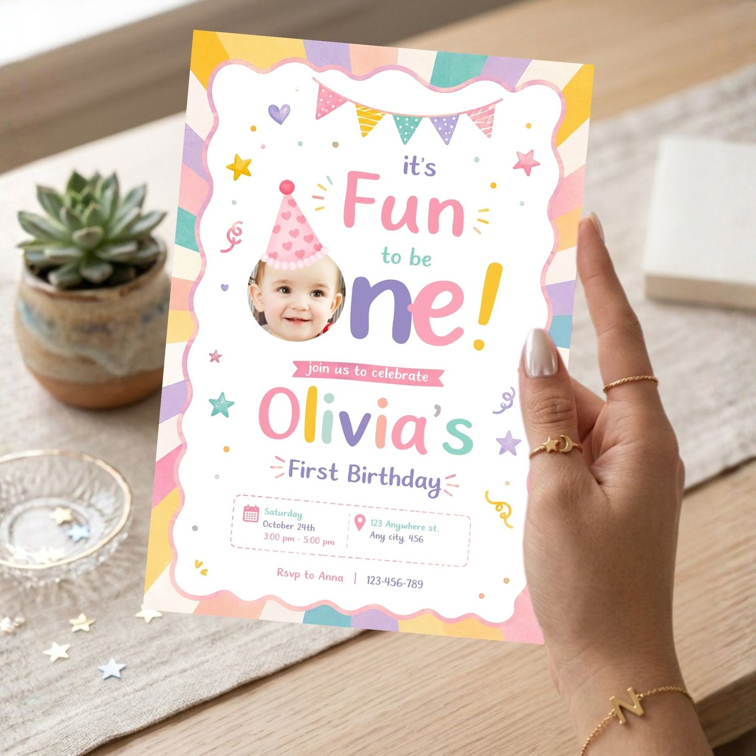 Pink summer first birthday invitation for girls, It's Fun to Be One party theme, editable Canva template, printable birthday invite