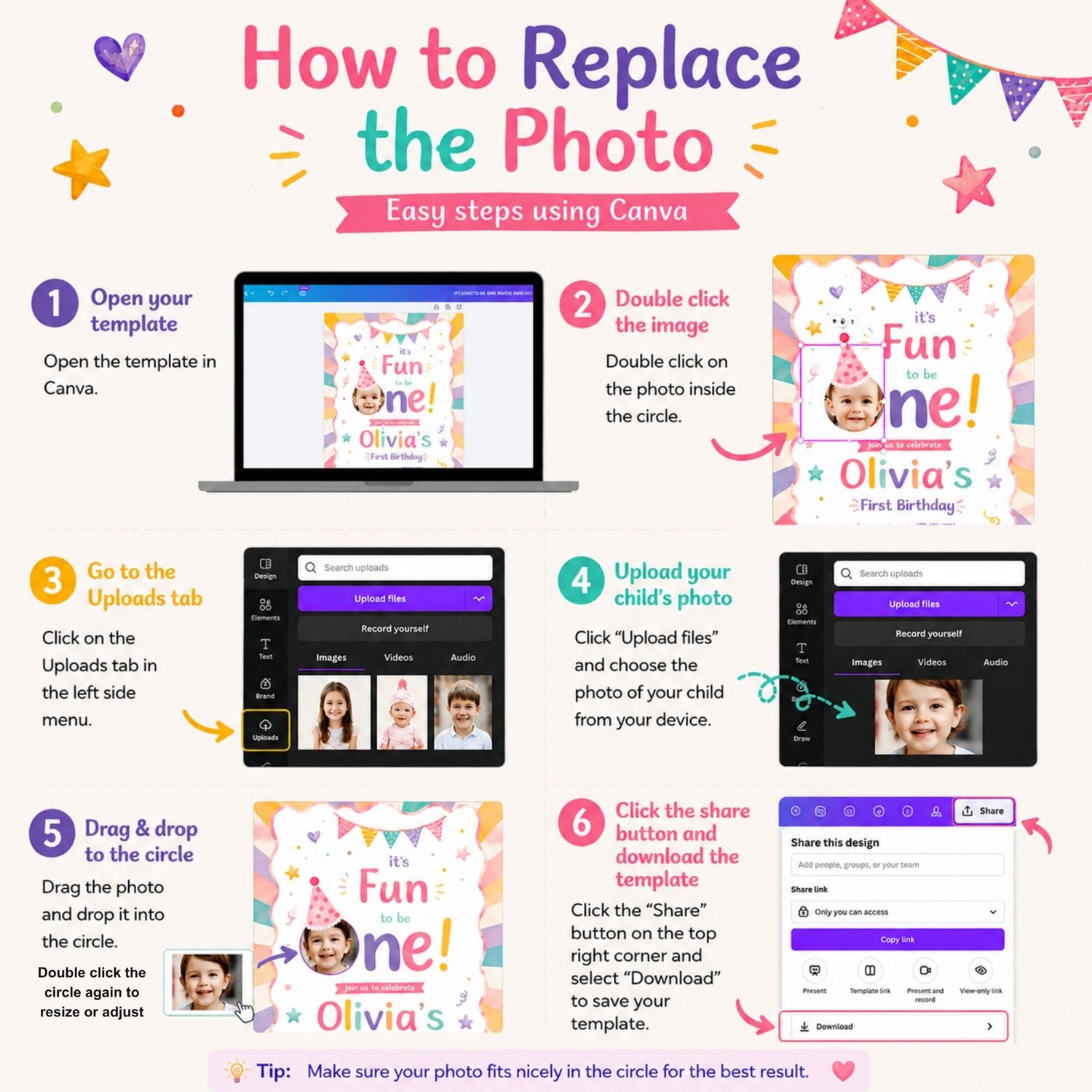 Editable first birthday invitation template for girls with customizable text, Canva invitation design, instant download printable