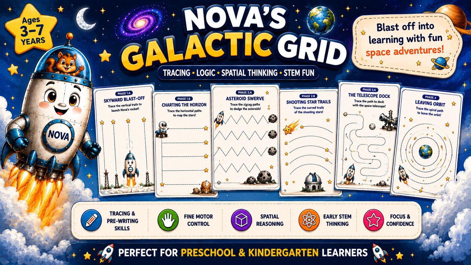kindergarten worksheet for tracing in space astronaut theme