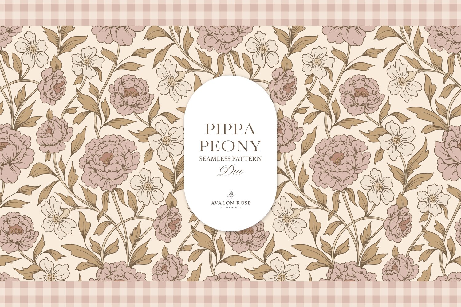 Vintage-inspired farmhouse style seamless surface pattern featuring a hand-drawn floral and leaf pattern with a matching gingham in pink, beige, and cream