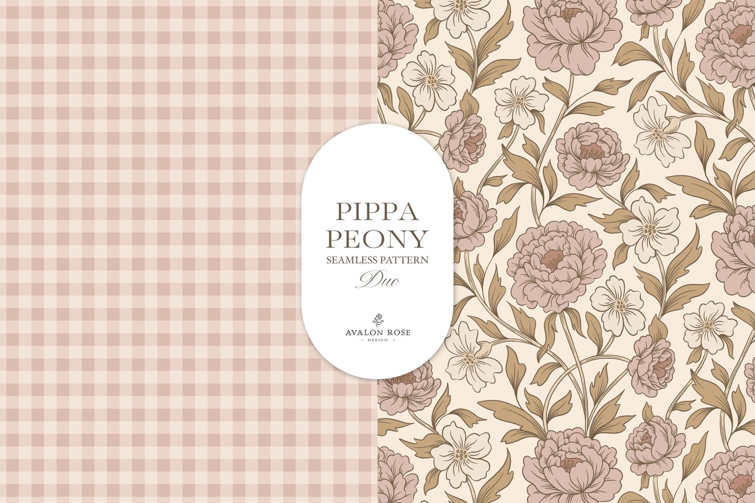 Vintage-inspired farmhouse style seamless surface pattern featuring a hand-drawn floral and leaf pattern with a matching gingham in pink, beige, and cream