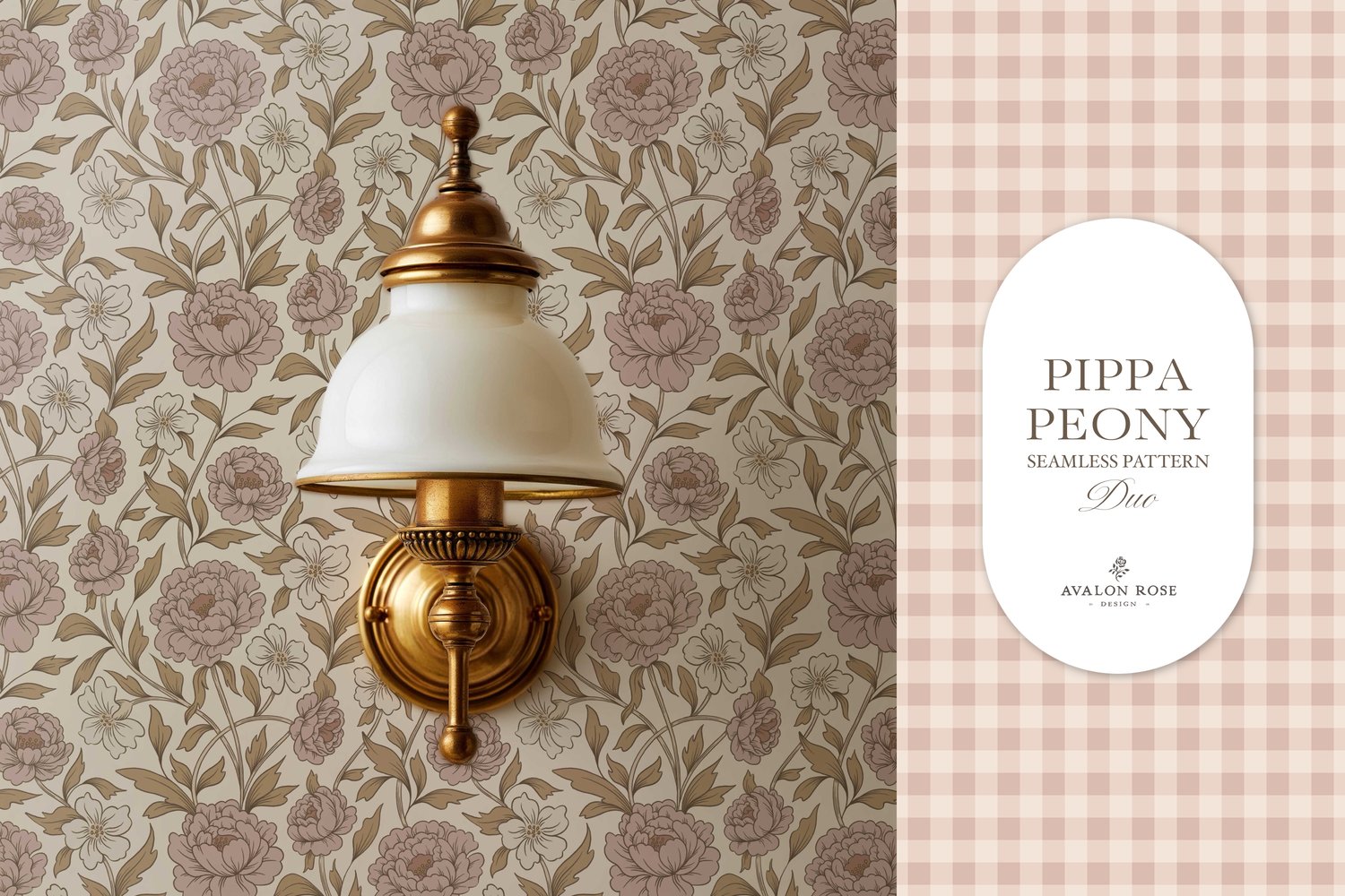 Vintage-inspired farmhouse style seamless surface pattern featuring a hand-drawn floral and leaf pattern with a matching gingham in pink, beige, and cream