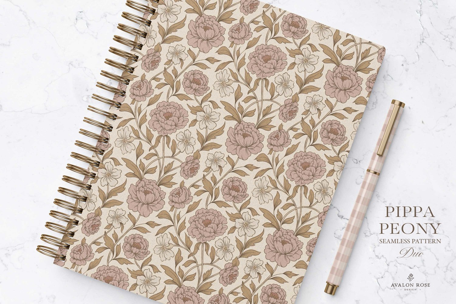 Vintage-inspired farmhouse style seamless surface pattern featuring a hand-drawn floral and leaf pattern with a matching gingham in pink, beige, and cream