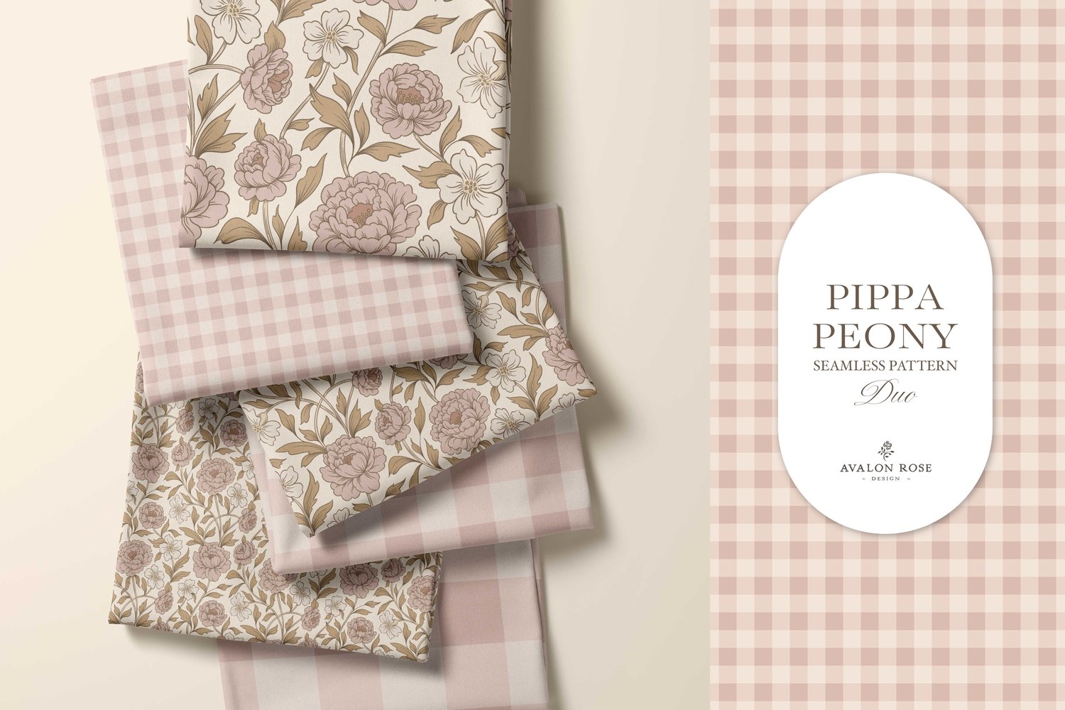 Vintage-inspired farmhouse style seamless surface pattern featuring a hand-drawn floral and leaf pattern with a matching gingham in pink, beige, and cream