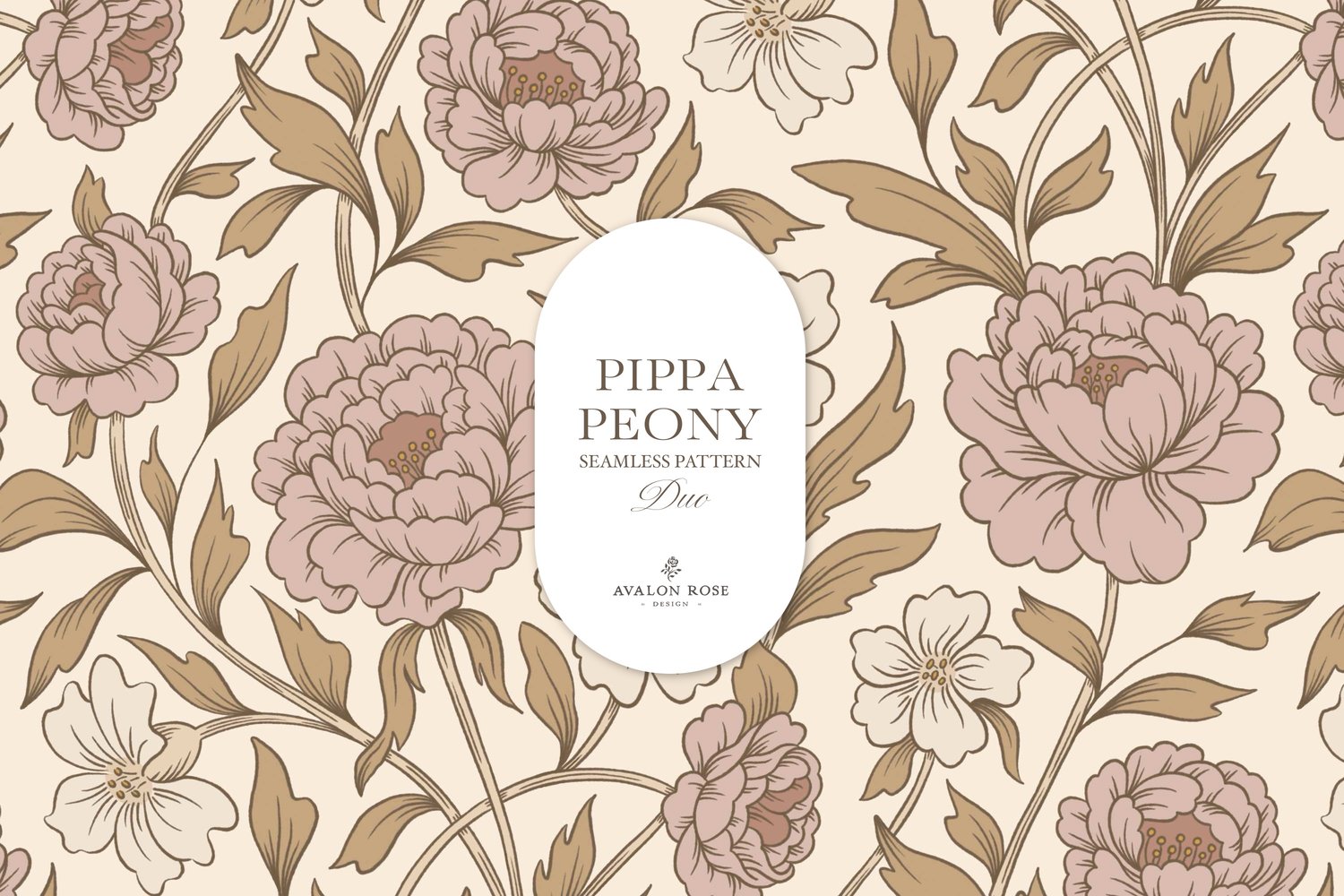 Vintage-inspired farmhouse style seamless surface pattern featuring a hand-drawn floral and leaf pattern with a matching gingham in pink, beige, and cream