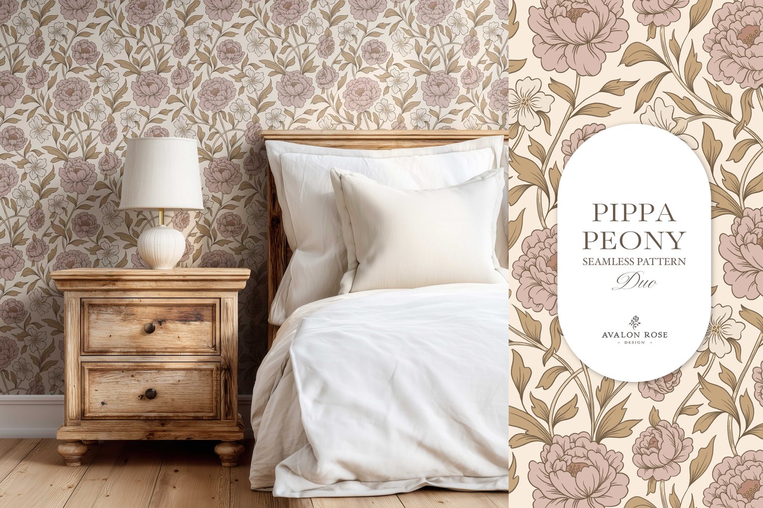 Vintage-inspired farmhouse style seamless surface pattern featuring a hand-drawn floral and leaf pattern with a matching gingham in pink, beige, and cream