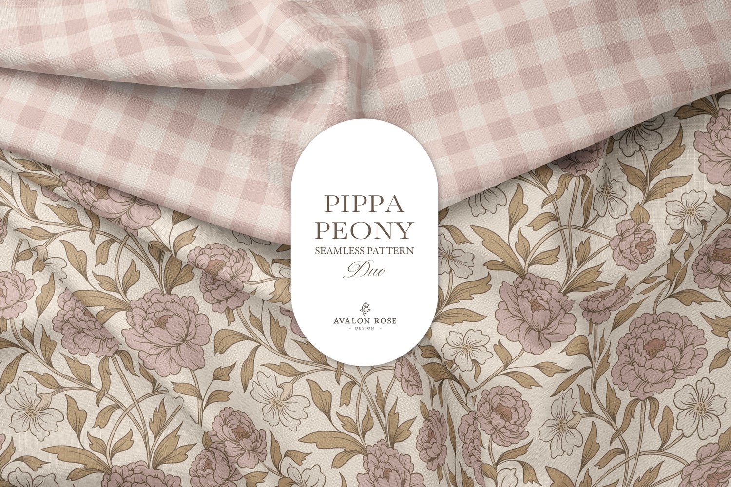 Vintage-inspired farmhouse style seamless surface pattern featuring a hand-drawn floral and leaf pattern with a matching gingham in pink, beige, and cream