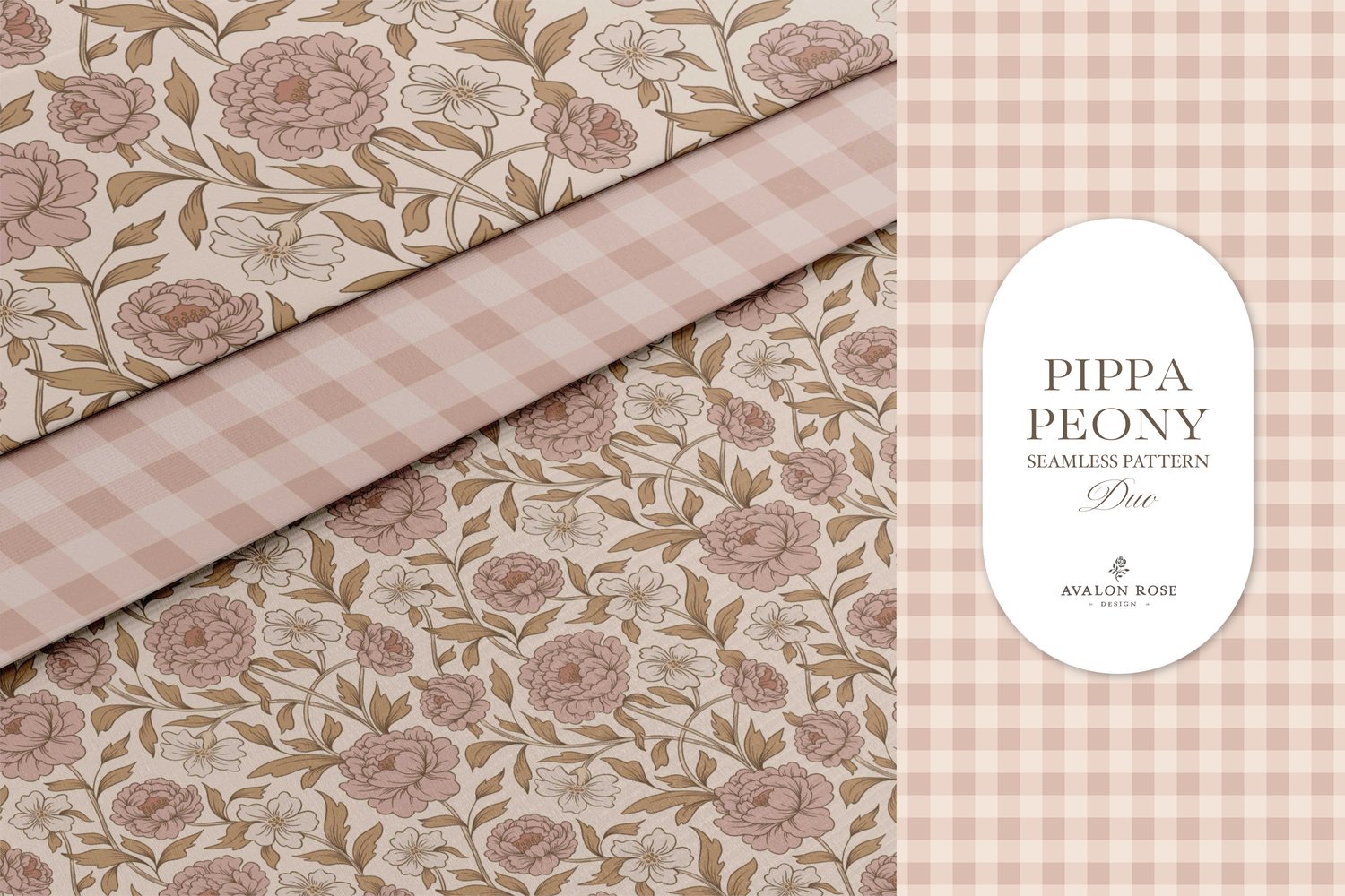 Vintage-inspired farmhouse style seamless surface pattern featuring a hand-drawn floral and leaf pattern with a matching gingham in pink, beige, and cream