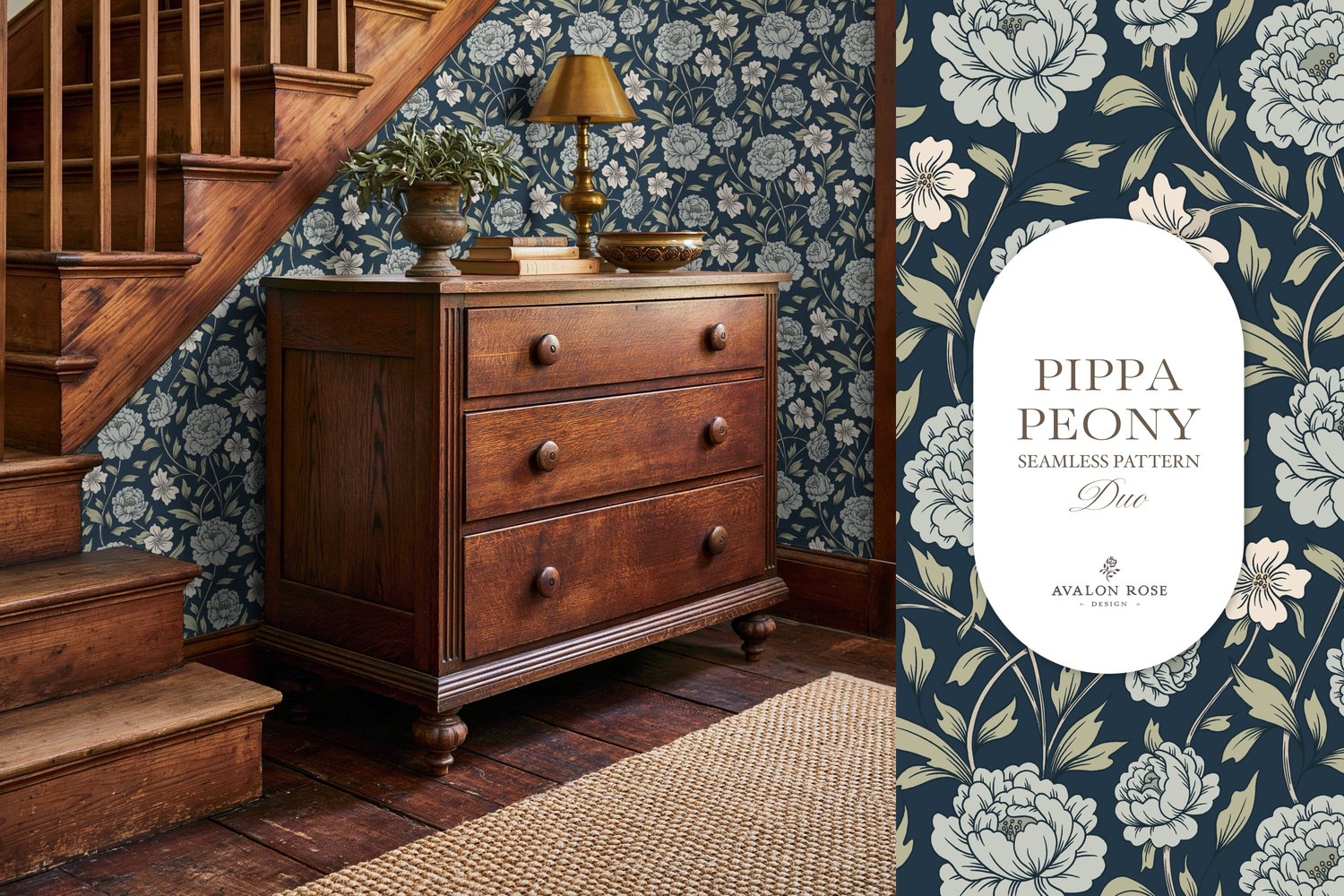 Vintage-inspired farmhouse style seamless surface pattern featuring a hand-drawn floral and leaf pattern with a matching gingham in navy blue, green, and cream