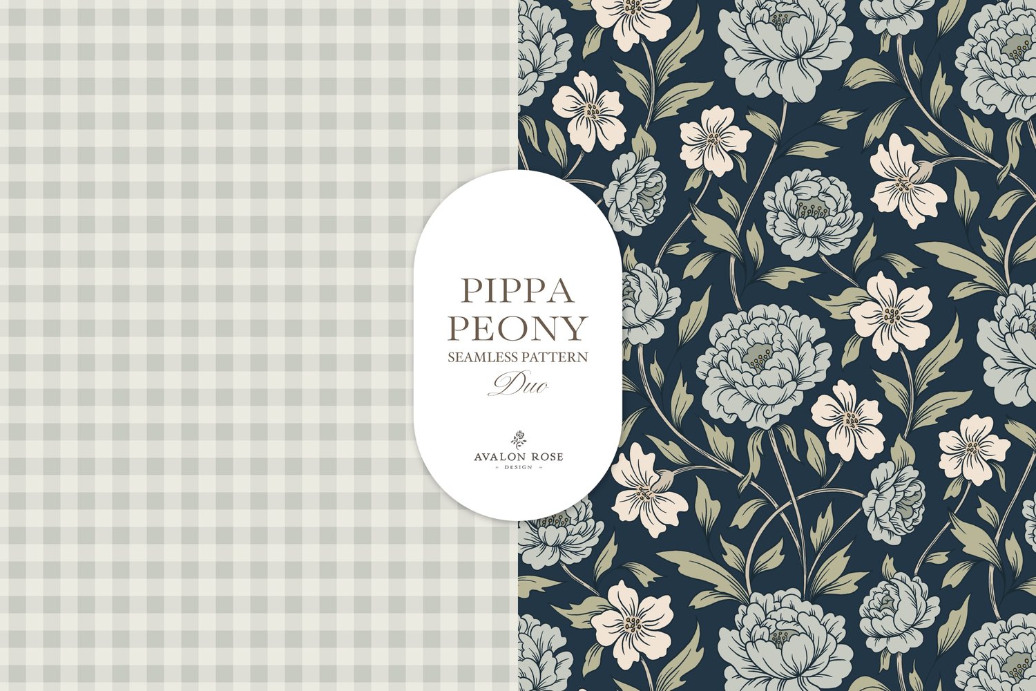 Vintage-inspired farmhouse style seamless surface pattern featuring a hand-drawn floral and leaf pattern with a matching gingham in navy blue, green, and cream
