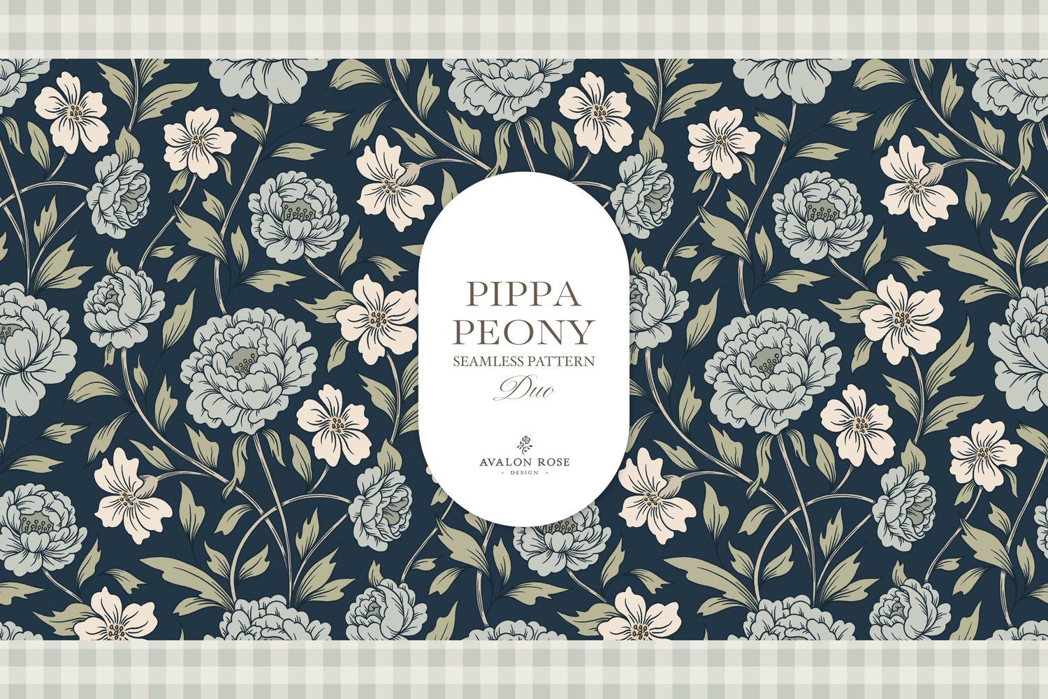 Vintage-inspired farmhouse style seamless surface pattern featuring a hand-drawn floral and leaf pattern with a matching gingham in navy blue, green, and cream