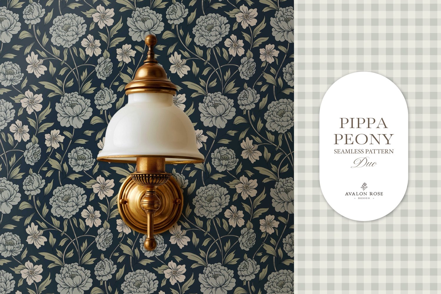 Vintage-inspired farmhouse style seamless surface pattern featuring a hand-drawn floral and leaf pattern with a matching gingham in navy blue, green, and cream