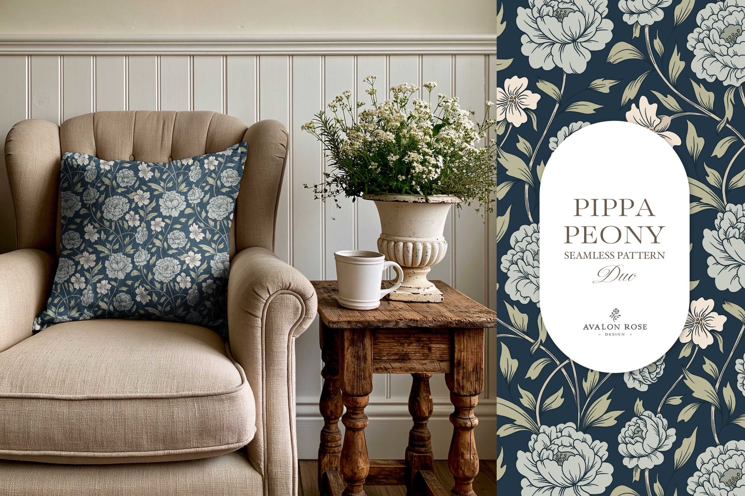 Vintage-inspired farmhouse style seamless surface pattern featuring a hand-drawn floral and leaf pattern with a matching gingham in navy blue, green, and cream