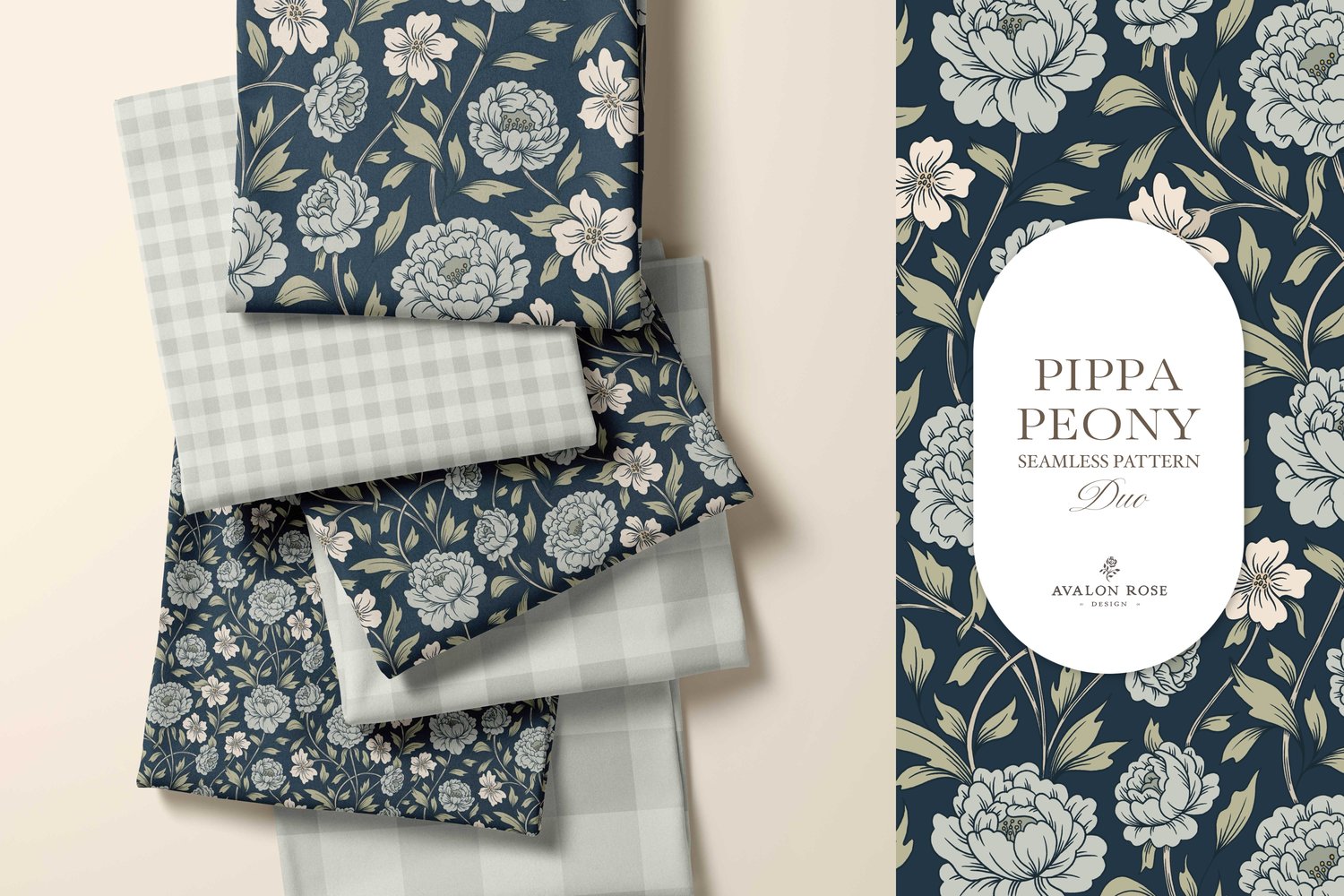 Vintage-inspired farmhouse style seamless surface pattern featuring a hand-drawn floral and leaf pattern with a matching gingham in navy blue, green, and cream