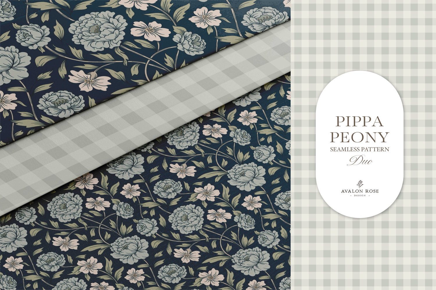 Vintage-inspired farmhouse style seamless surface pattern featuring a hand-drawn floral and leaf pattern with a matching gingham in navy blue, green, and cream