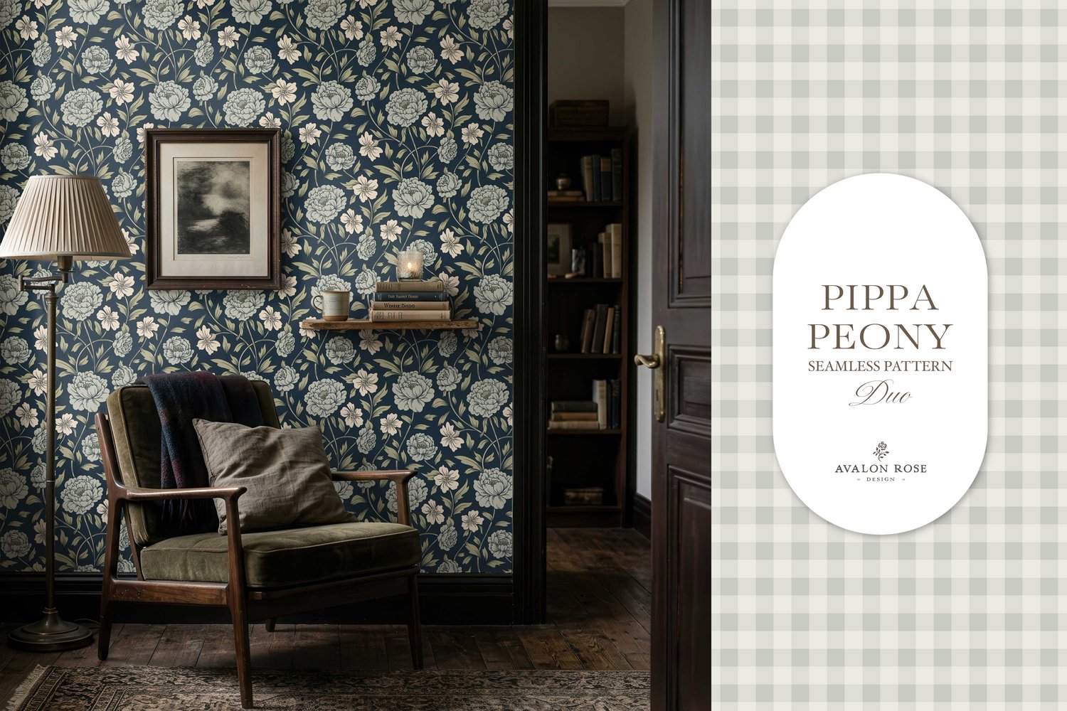 Vintage-inspired farmhouse style seamless surface pattern featuring a hand-drawn floral and leaf pattern with a matching gingham in navy blue, green, and cream