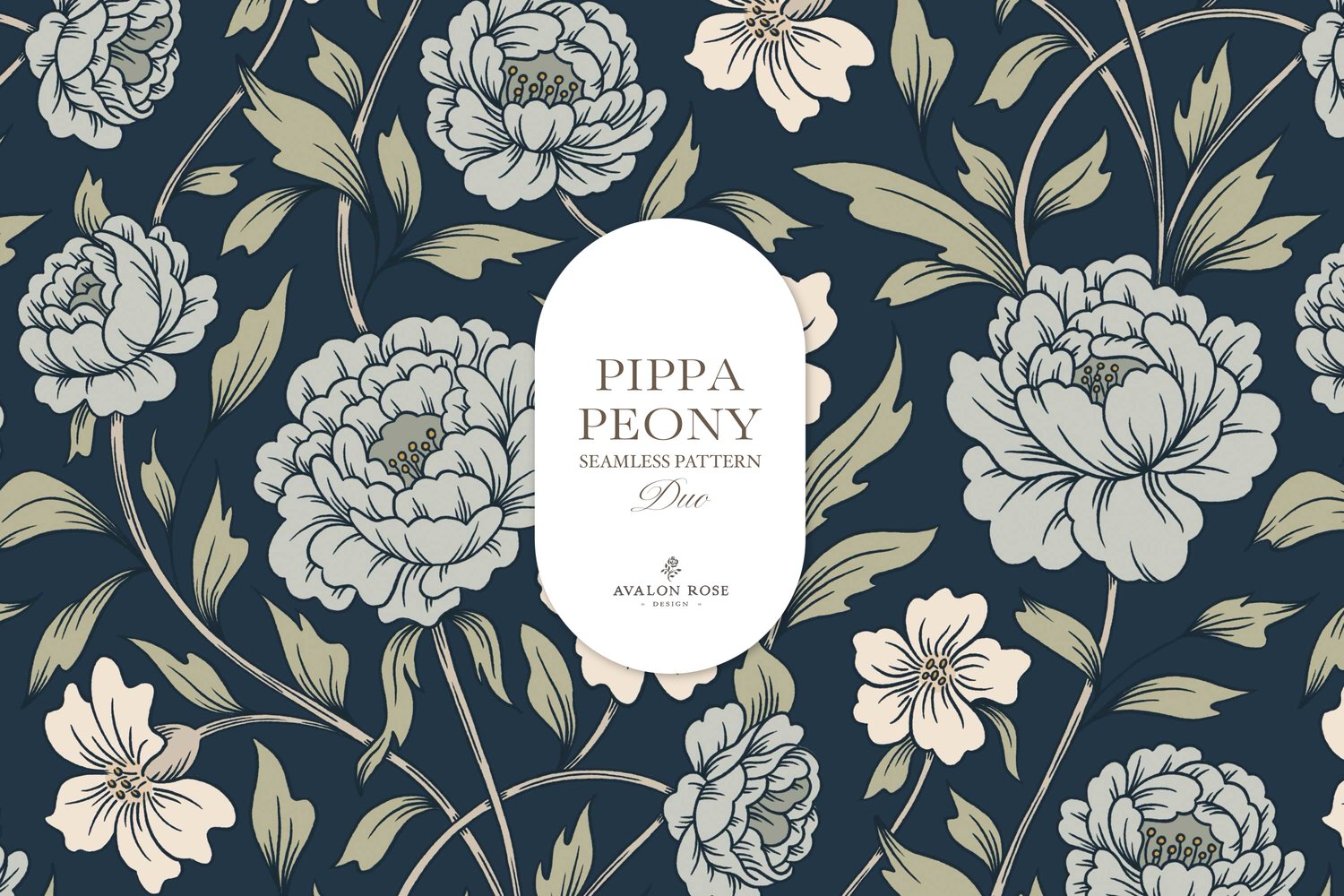Vintage-inspired farmhouse style seamless surface pattern featuring a hand-drawn floral and leaf pattern with a matching gingham in navy blue, green, and cream