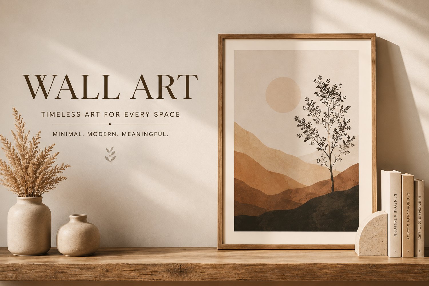 Elegant 4:3 landscape wall art collection cover featuring a warm minimalist interior with a framed abstract botanical artwork, natural wooden decor, ceramic vases, books, and soft sunlight. Large 