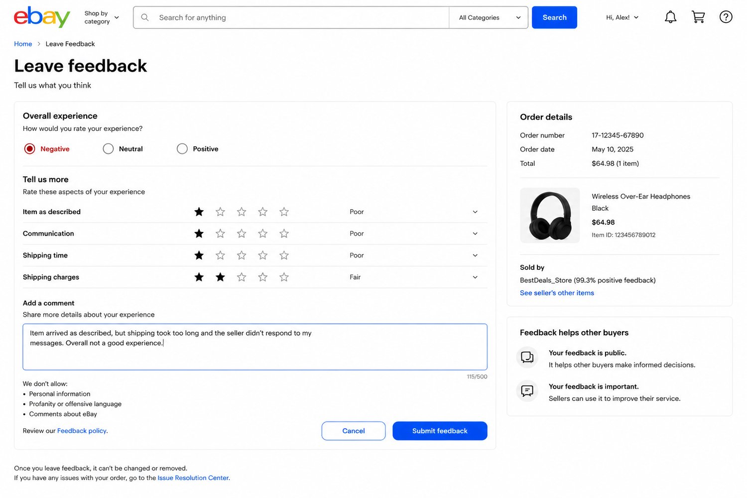 eBay buyer leaving negative feedback after receiving an order