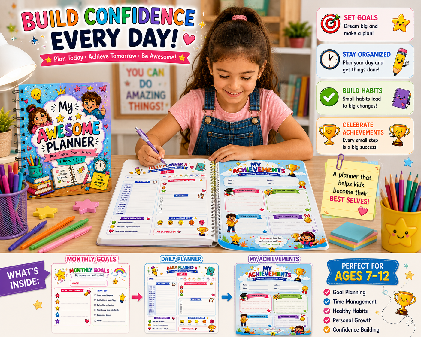 Child using My Awesome Planner printable kids planner designed to build confidence, organization, and positive daily habits