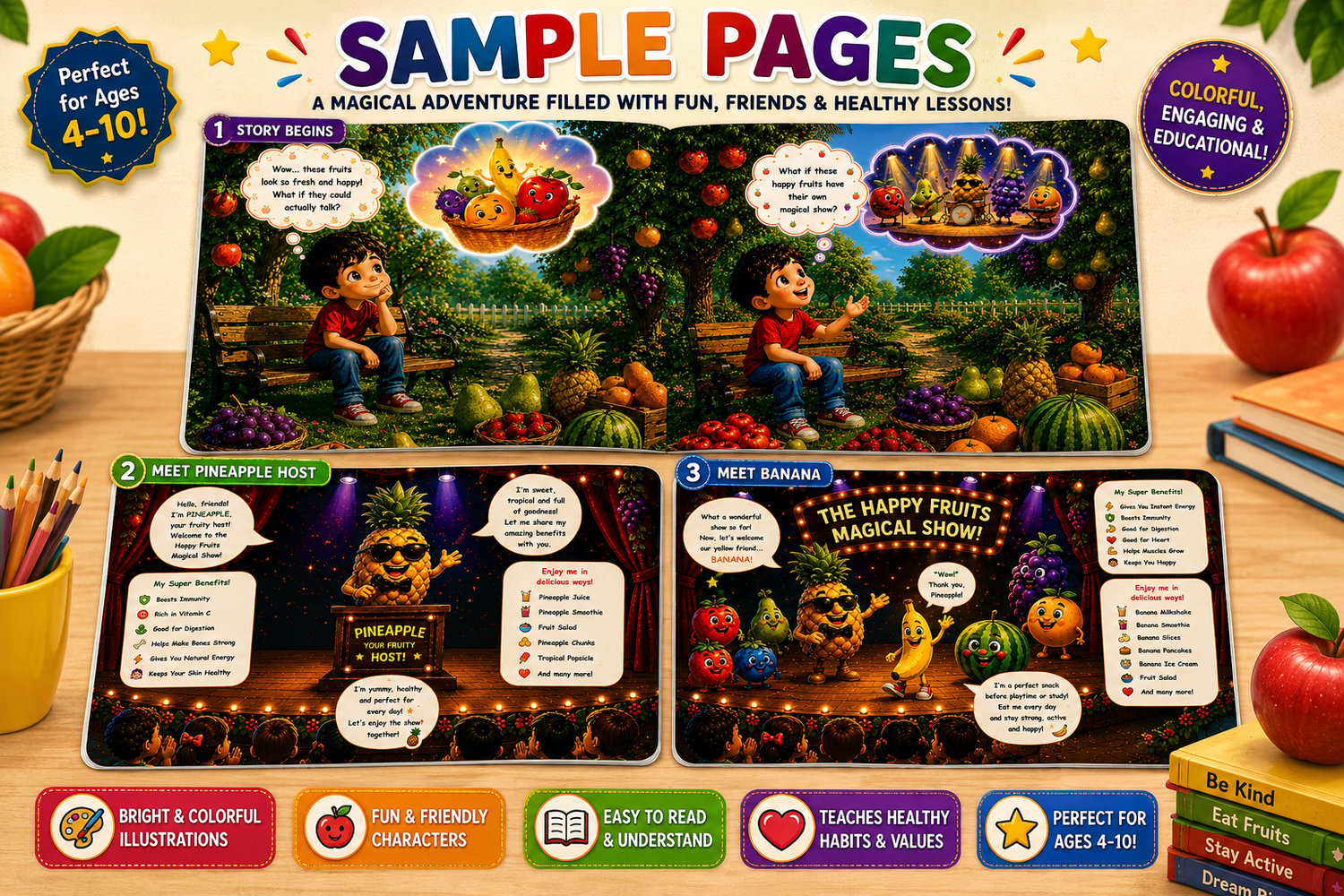 The Great Fruit Show sample pages preview featuring colorful fruit characters, educational story activities, and healthy lifestyle lessons for children