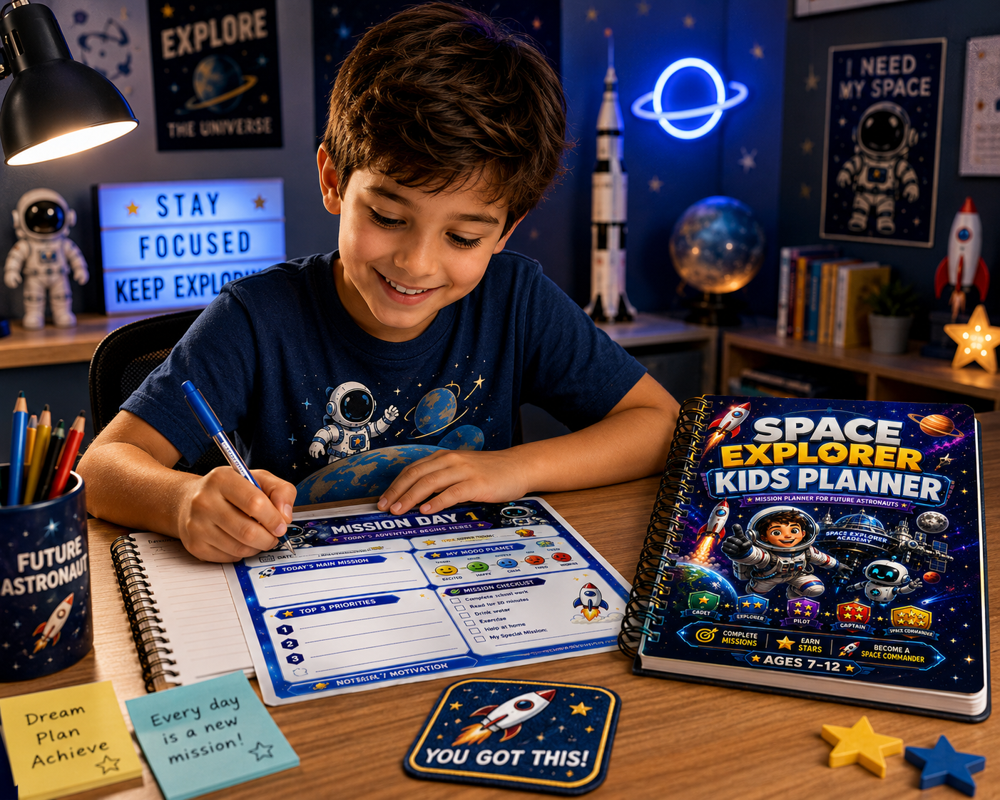 Child using Space Explorer Kids Planner printable planner designed to develop organization skills, focus, and positive daily habits