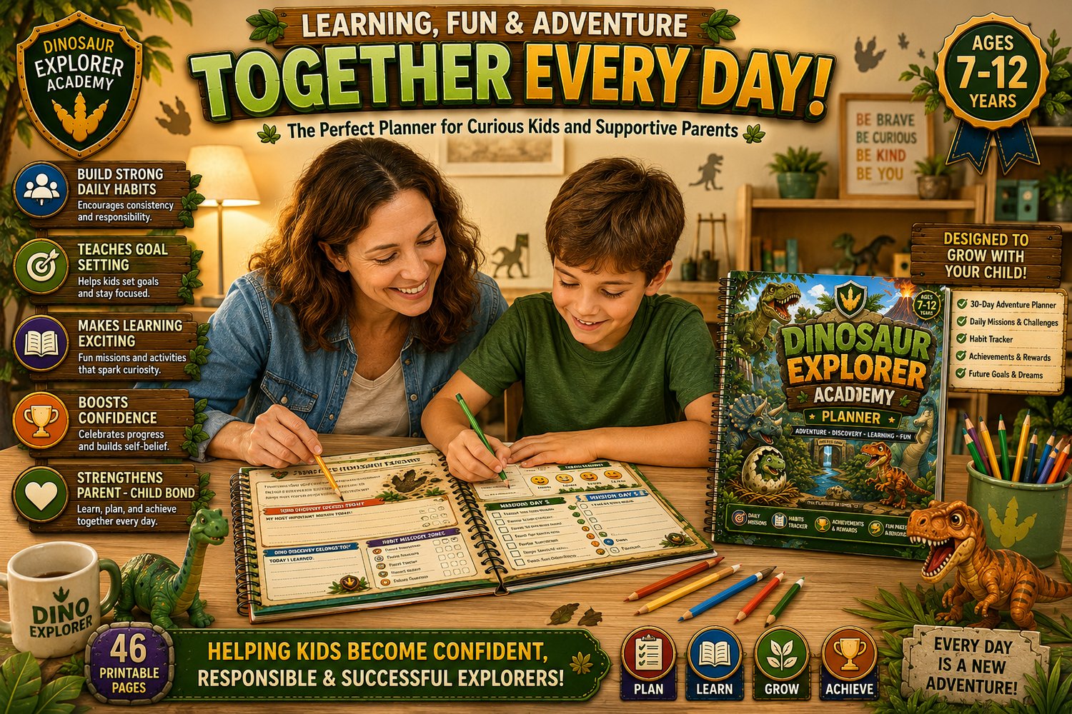 Child using Dinosaur Explorer Academy Planner printable planner designed to build confidence, responsibility, and positive daily habits