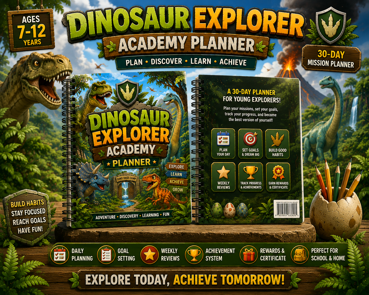 Dinosaur Explorer Academy Planner features and benefits including goal setting, habit tracking, motivation, and organizational skills for kids ages 7 to 12
