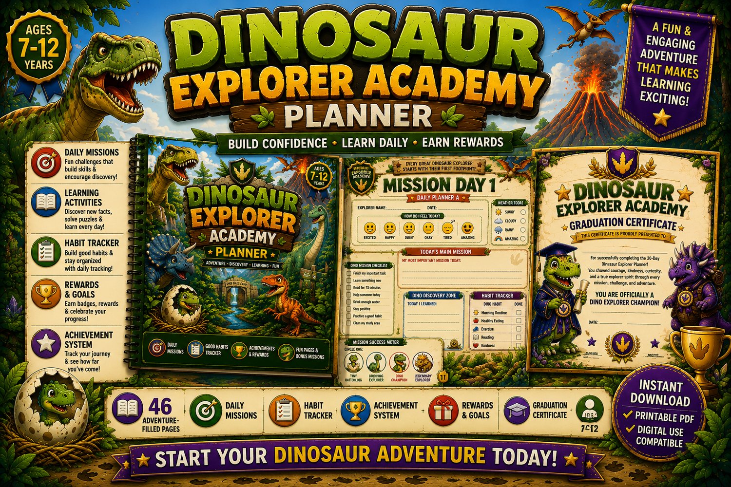 Dinosaur Explorer Academy Planner preview pages featuring daily missions, achievement tracking, reward pages, and graduation certificate for kids