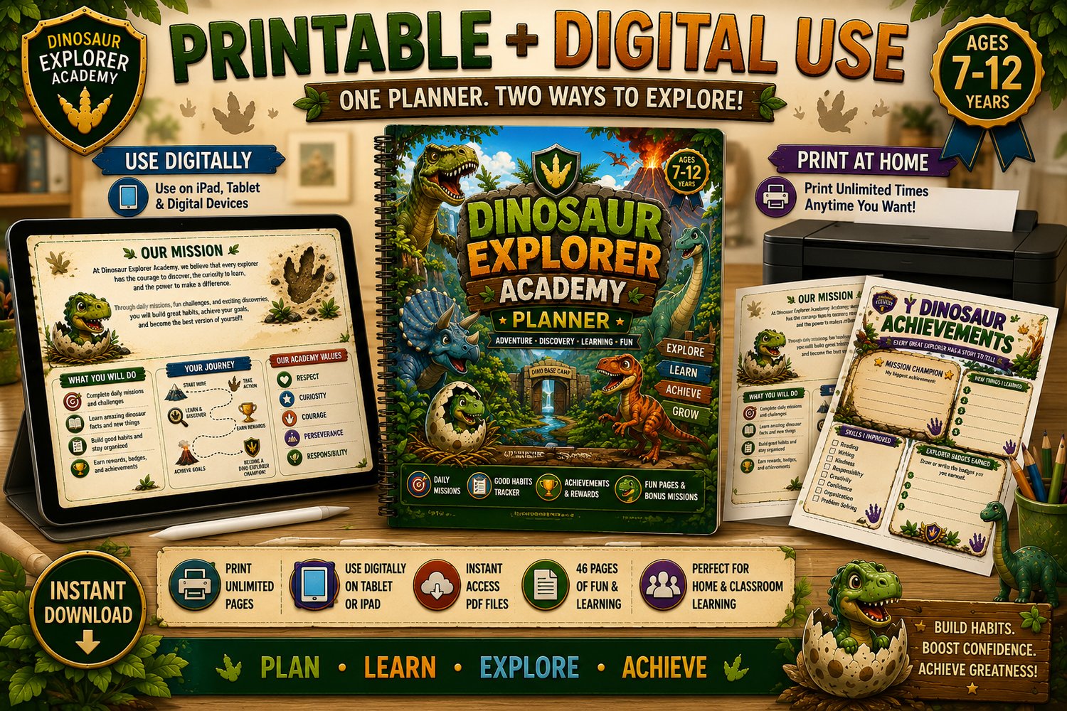 Dinosaur Explorer Academy Planner printable and digital planner pages for kids featuring goal setting, organization, and daily planning activities