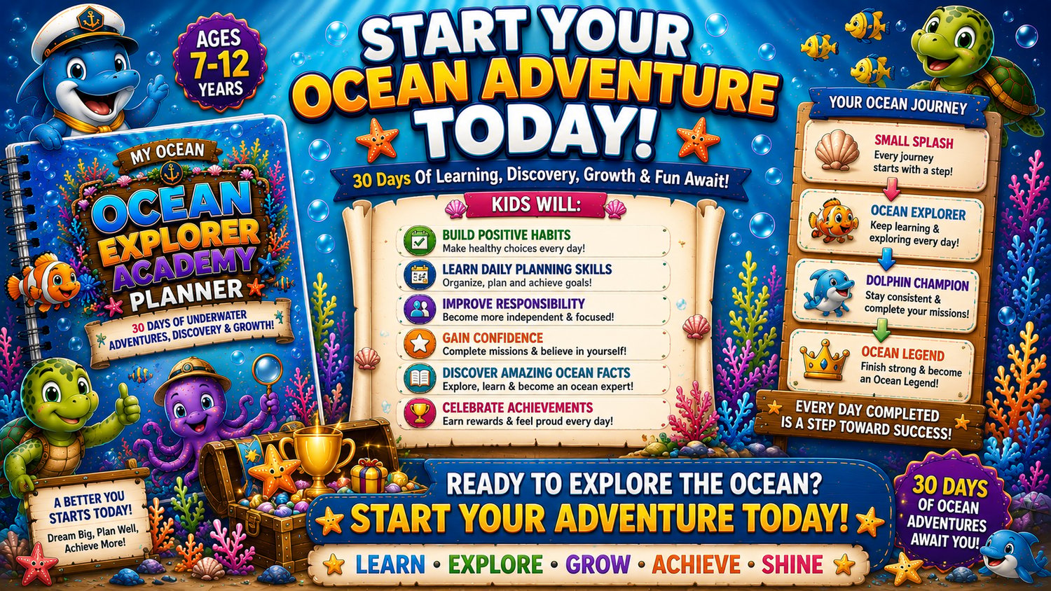 Ocean Explorer Academy Planner printable planner pages featuring achievement tracking, daily missions, and reward activities for kids