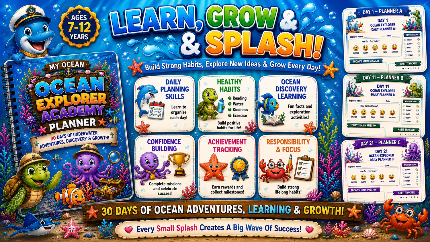 Ocean Explorer Academy Planner features and benefits including goal setting, habit tracking, motivation, and organizational skills for kids ages 7 to 12